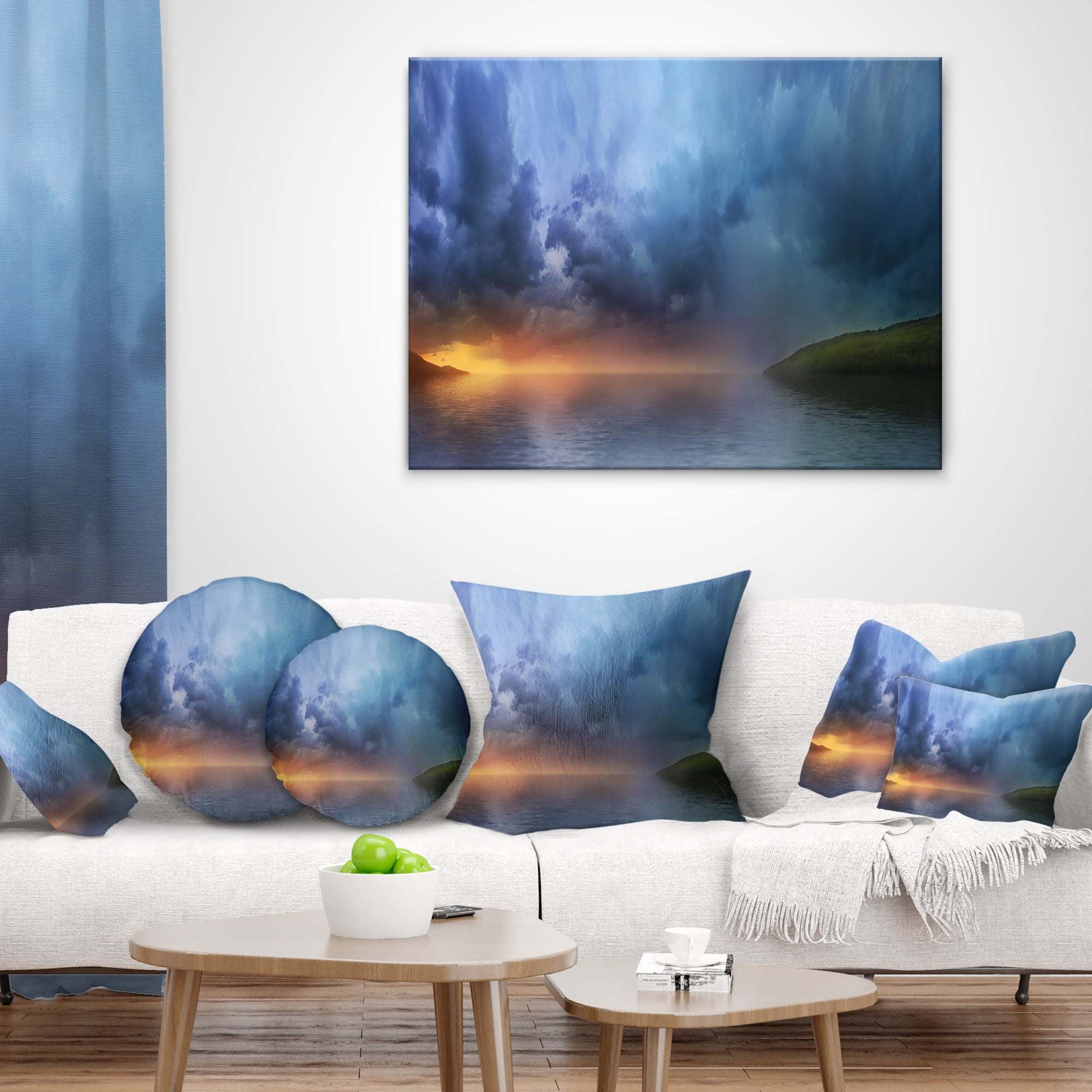Designart Dense Blue Clouds Over Lake - Skyline Photography Throw Pillow - 16x16