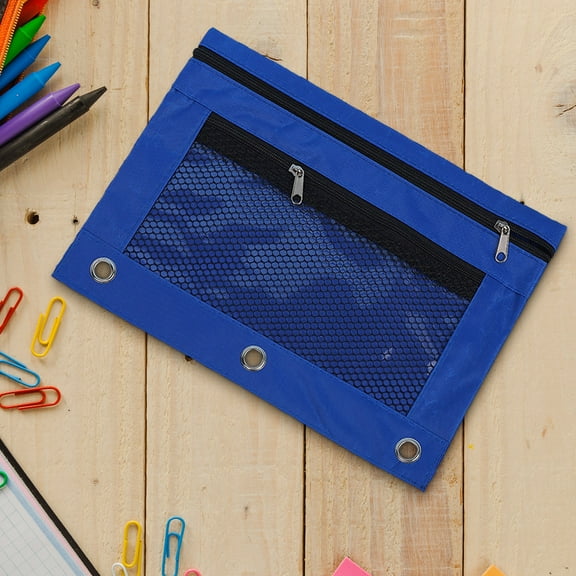 3-Ring Binder Pencil Pouch with Clear Window - 9.8x7.5in Dual Zipper Compartments Fabric Pen Case for College, Office Supplies (1-Pack)(Blue)