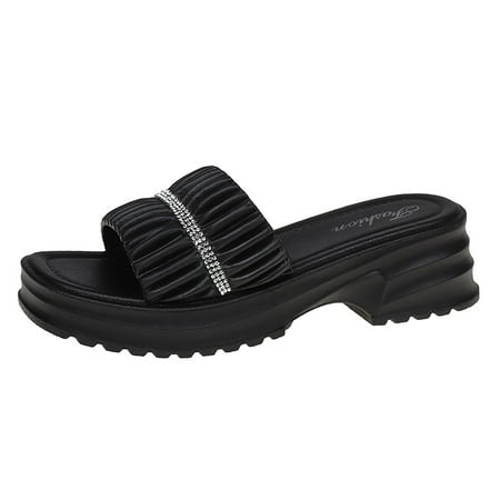 

Ediodpoh Women s Summer Thick Soled Square Head Coarse Heel Rhinestone Slippers Sandals Beach Shoes Beach Sandals for Woman Black 37