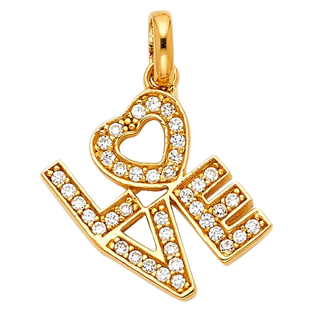 CZ Love Charm Solid 14k Yellow Gold Heart Pendant Letters Pave Fancy 15 x 14 mm 