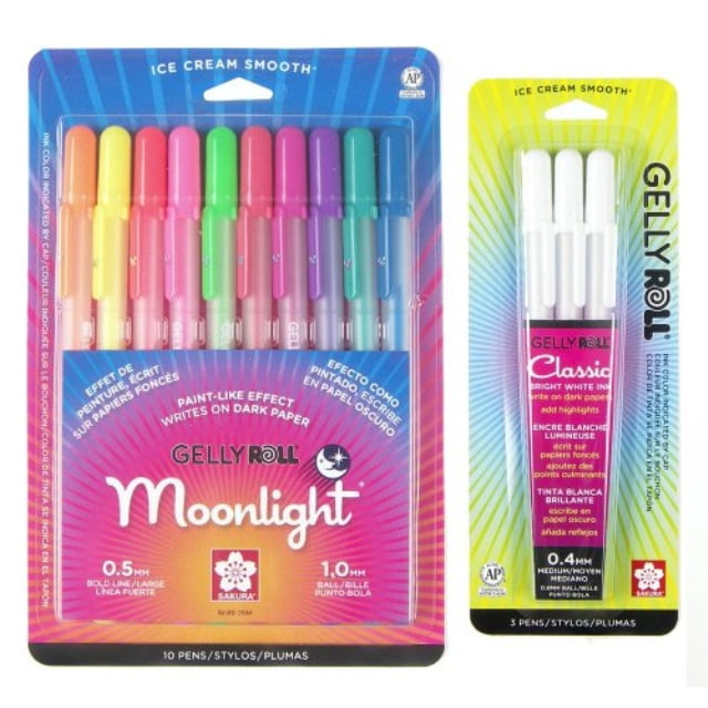 Sakura Gelly Roll Moonlight 10 Color Pack Pen Set and a Gelly Roll Medium Point White 3 Pack Pen