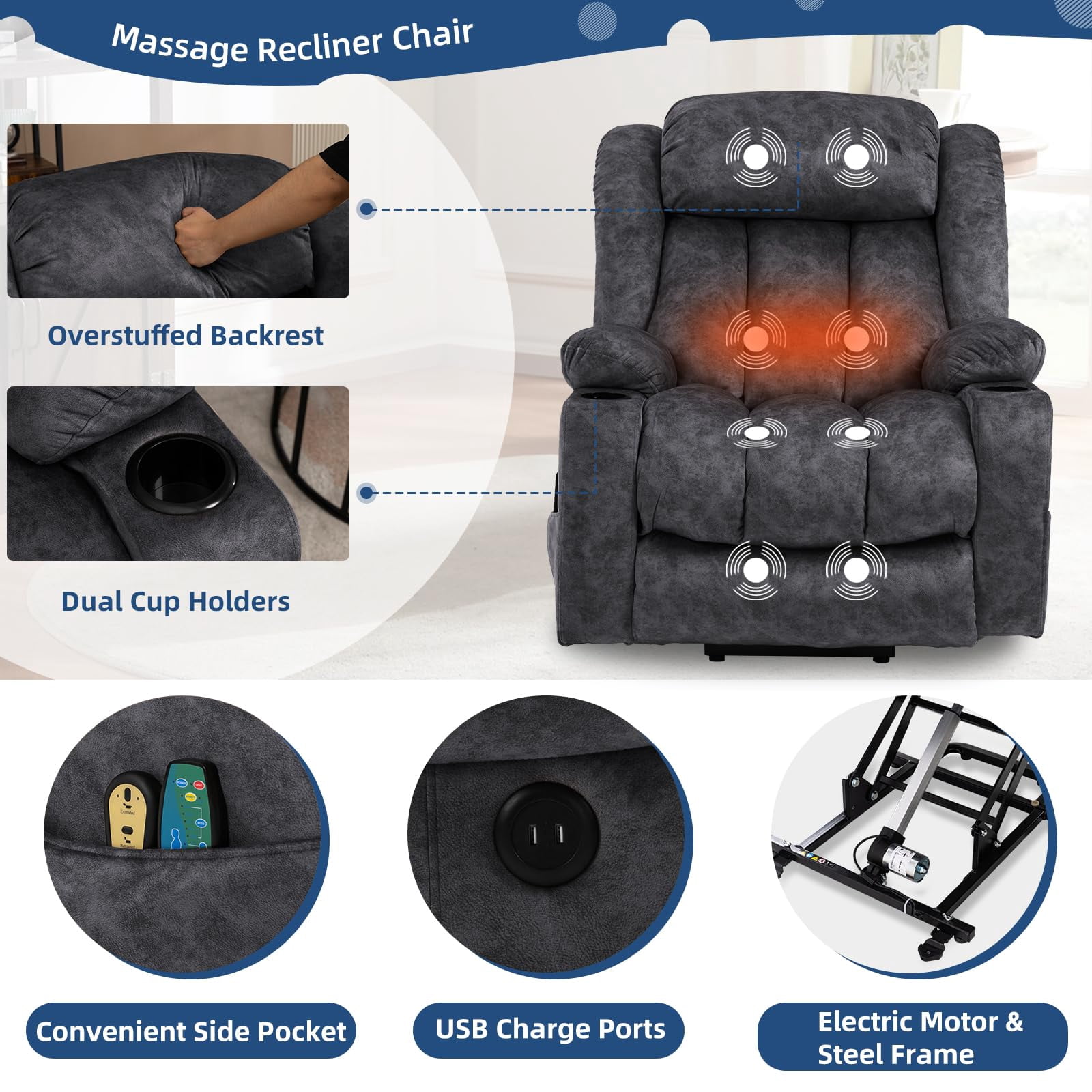 SOCIALCOMFY Large Electric Power Lift Recliner Chair with Extended Footrest for Elderly Big Man, Overstuffed Wide Massage Lounge Chairs with Heat, 2 Cup Holders, Side Pockets & USB Ports, Fabric Gray