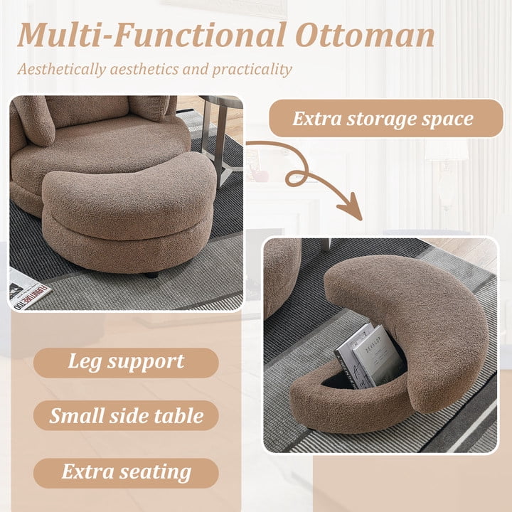 Dinosisco 39"W Oversized Swivel Accent Barrel Chair with Storage Ottoman, Brown Teddy