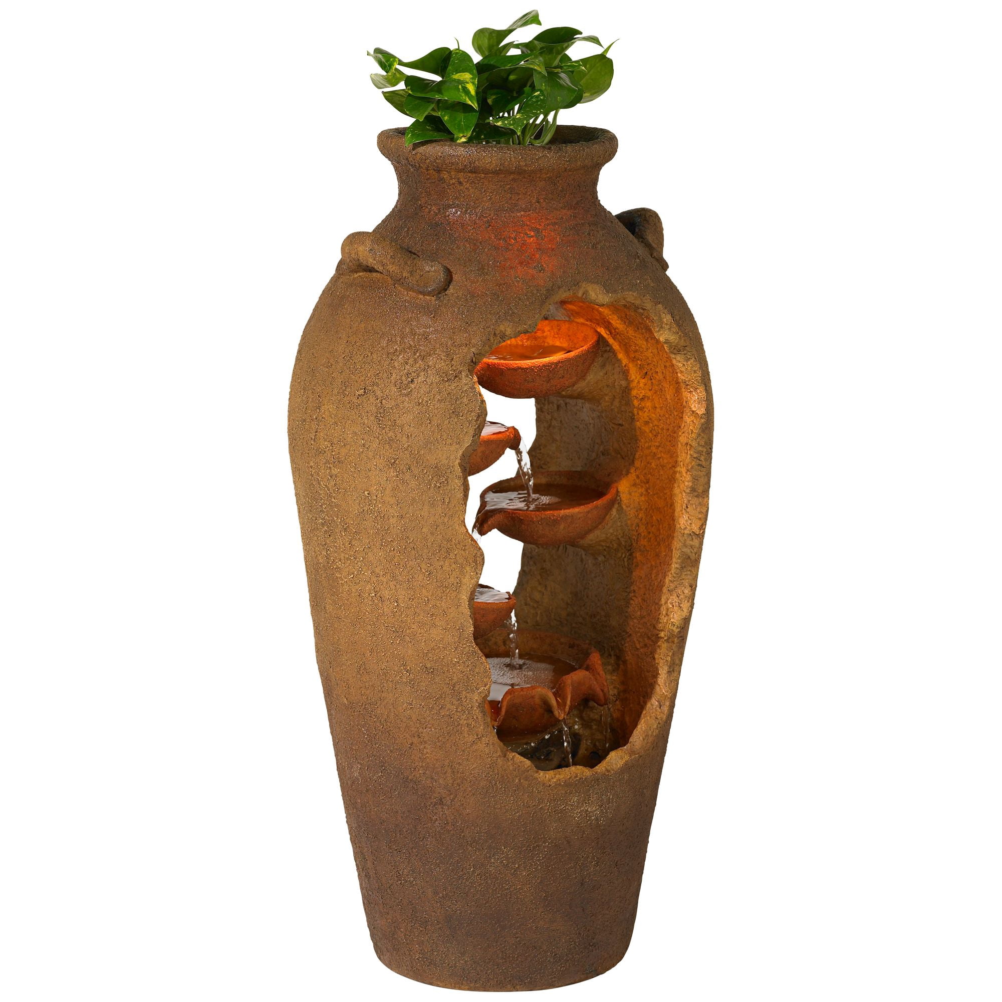 Nathan Cascade 33" High Large Rustic Outdoor Decor Faux Stone Floor Fountain with Light LED Urn with Planter