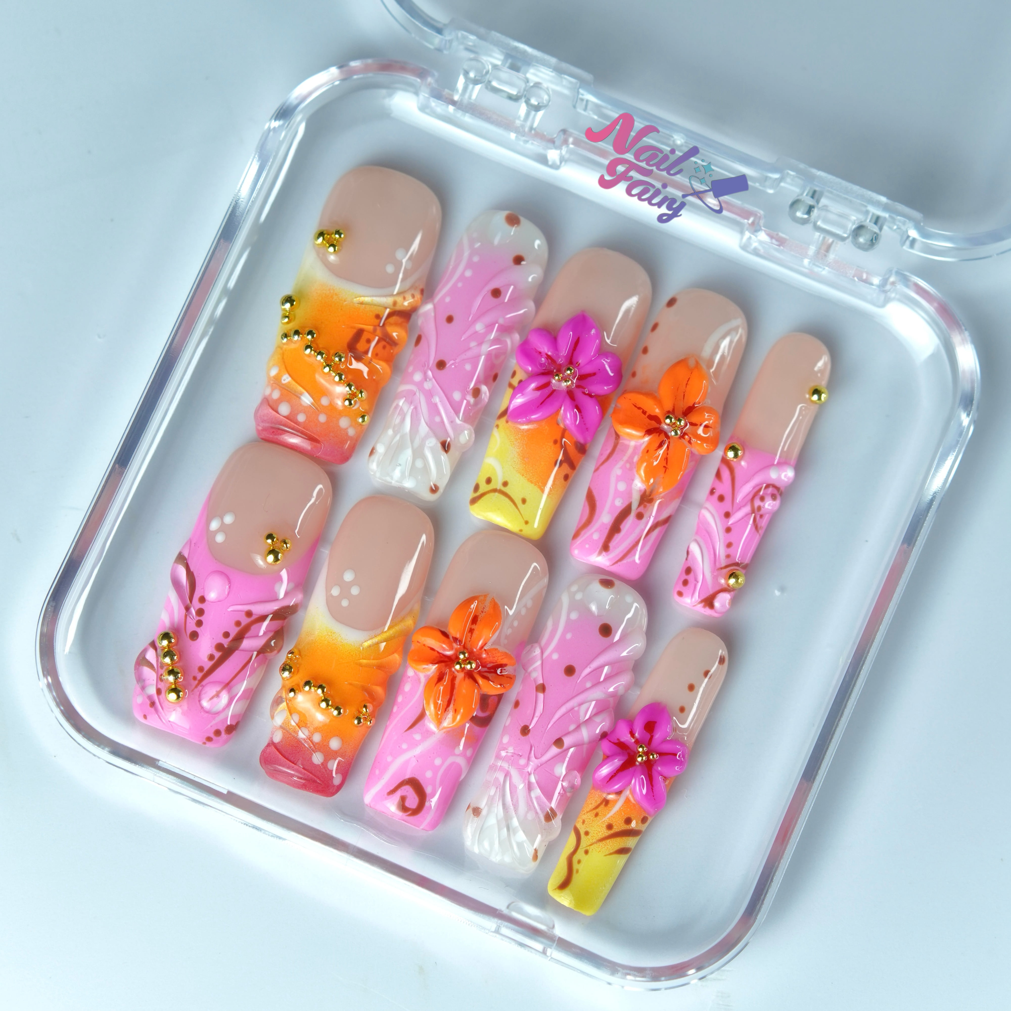 Nail Fairy Tropical Bloom Press-On Nails – Medium Square 3D Hibiscus & Gold Bead Boho Nail Set with Free Tool Kit