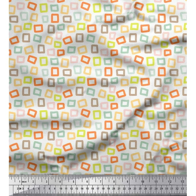 Soimoi White Modal Satin Fabric Square Geometric Print Fabric by the Yard 42 Inch Wide