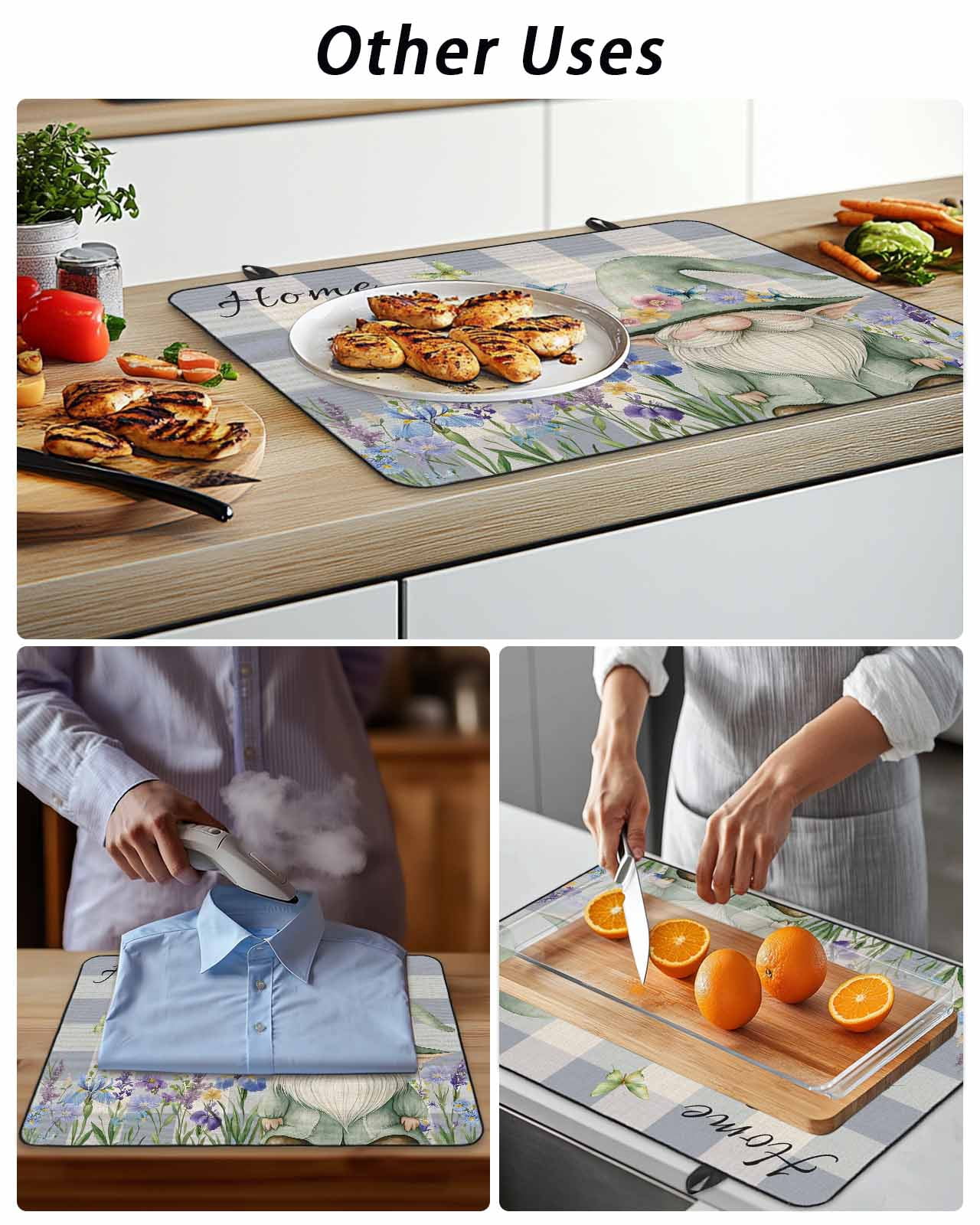 Stove Top Covers for Electric Stove 36x21 Inches, Rustic Gnome Heat Insulation Fireproof Glass Cooktop Protector, Spring Flowers Butterfly Purple Check Countertop Stovetop Cover for Kitchen