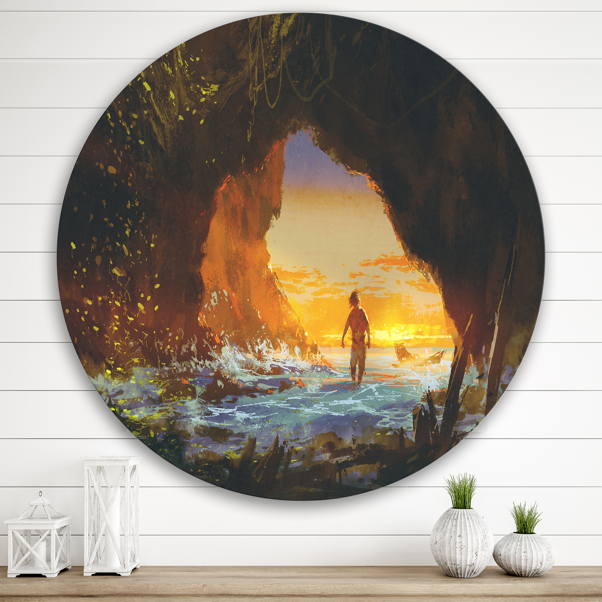 Designart 'The Sea Cave At Sunset With The Man Walking In' Nautical & Coastal Circle Metal Wall Art 36x36 - Disc of 36