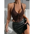 thumbnail image 2 of Y2k Front Tie Crop Tops Halter Neck Flowy Plisse Summer Going Out Top Split Sleeveless Shirt Brown S, 2 of 8