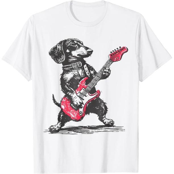 Vintage Dachshund Playing Guitar Weenie Rock and Roll Camiseta