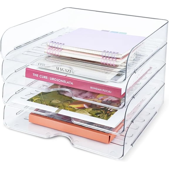IBQUEM 4 Tier Desk Letter Tray Set, Clear Stackable Document Organizer,A4 Size Acrylic Desk Organizers, Tidy File Paper Holder Book Storage Rack Side Load for Office Desktop