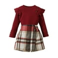 thumbnail image 2 of Musuos Girls Autumn 2 Piece Outfits 1-6T Long Sleeve Ruffle Ribbed Tops Button Plaid Skirt Set, 2 of 10