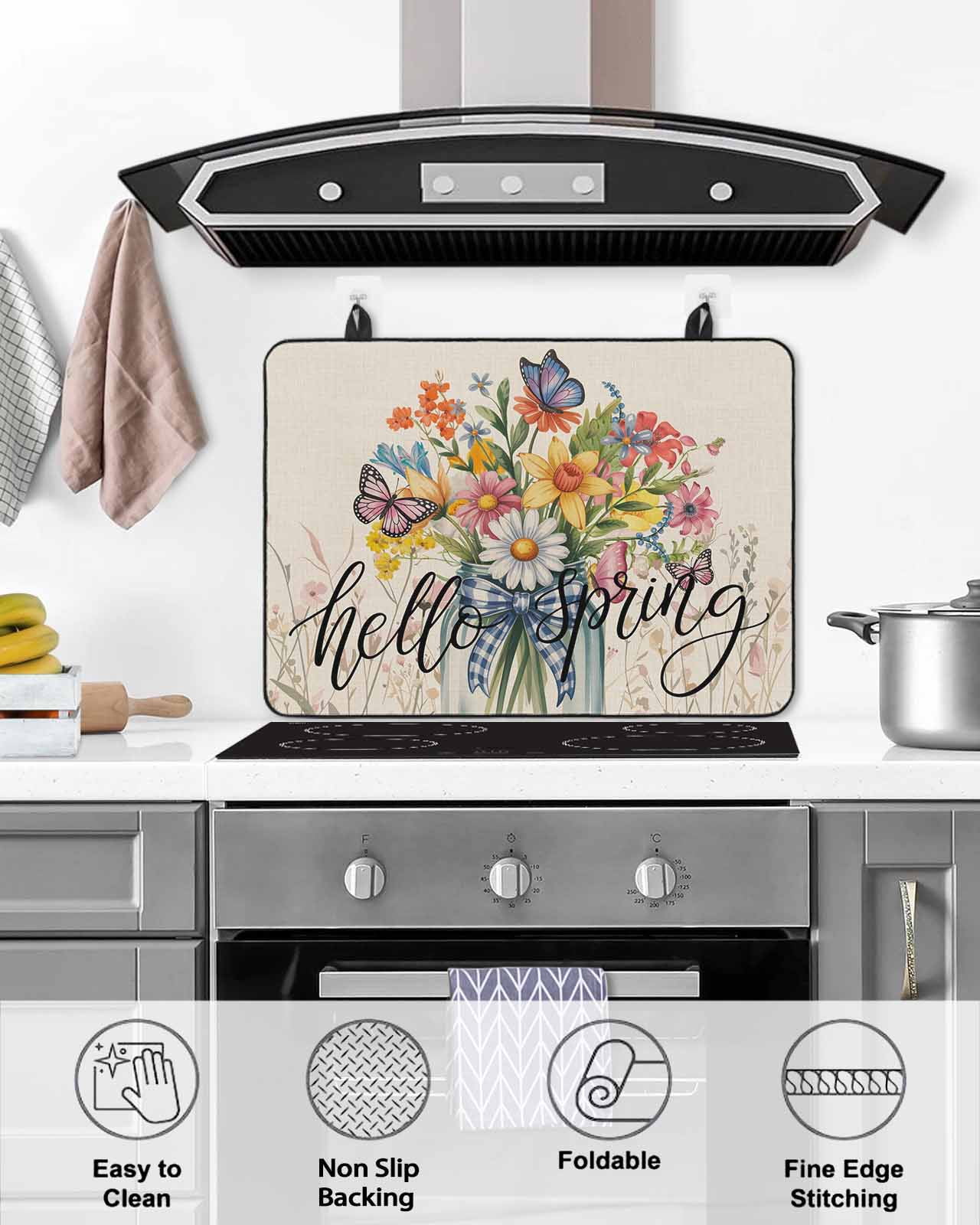 Large Induction Cooktop Protector Mat Spring Flowers Stove Top Covers for Electric Stove, Vintage Farmhouse Botanical Wildflowers Decorative Stove Burner Cover Mats, Glass Top Stove Cover