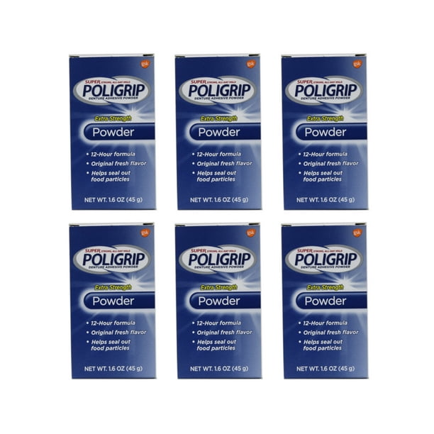 6 Pack Super Poligrip Extra Strength 12h Denture Adhesive Powder, 1.6