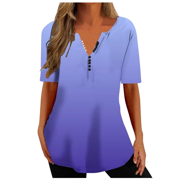 Gibobby Camiseta de Manga Corta con Cuello en V Camiseta manga corta con cuello en V suelto moda informal para mujer(Morado,G)