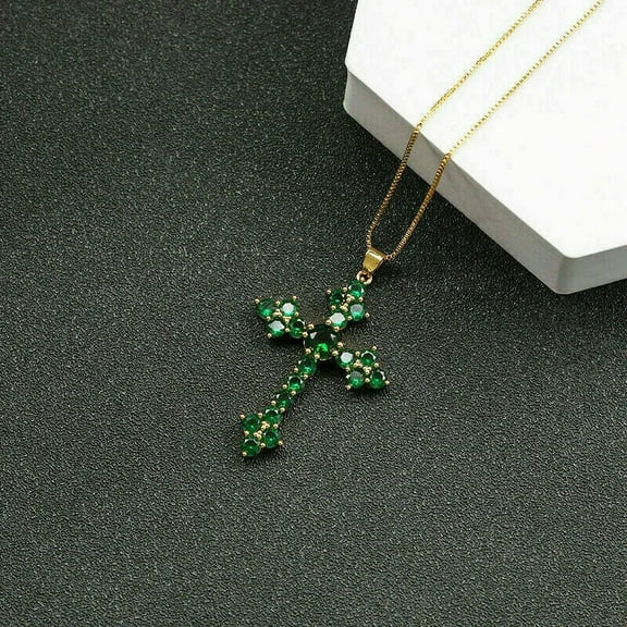 2.20Ct Round Cut Lab Created Green Emerald Cross Pendant 14K Yellow Gold Plated