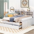 thumbnail image 2 of Full Size Storage Bed with Bookshelf Headboard and Pull Out Trundle, White Solid Wood Platform Bed Frame with 3 Drawers, 2 of 10