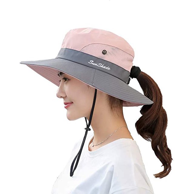 Sombreros de sol de ala ancha de protección UV para mujeres - Malla de enfriamiento Cola de caballo Tapa de agujero Sombrero de pesca al aire libre de viaje plegable (rosa de cuero) brillar Electrónica