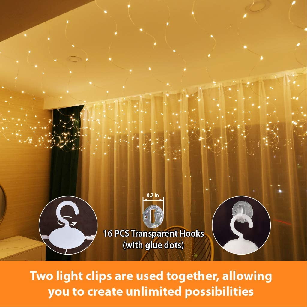 2 Pack Warm White 300LED Fairy Lights, 9.8x9.8ft LED String Lights with Timer & 8 Modes, USB Plug-in Rotating Clips & 12 Hooks for Bedroom Indoor Outdoor Wedding Decor
