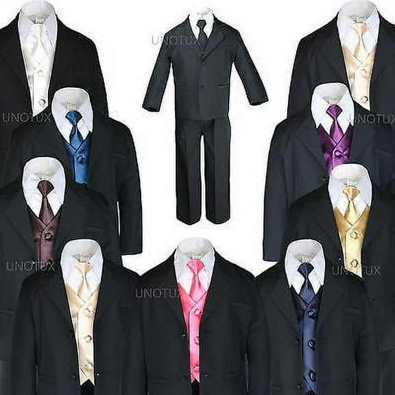 New 7pc Satin Vest Neck Tie   Boy Baby Toddler Kid Black Formal Suit Tuxedo S-20