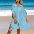 thumbnail image 2 of Plus Size Swim Suit Coverup for Women 3/4 Sleeve Beachwear Bikini Coverups Button Down Oversized Cover Up Shirt Blue, One Size, 2 of 5