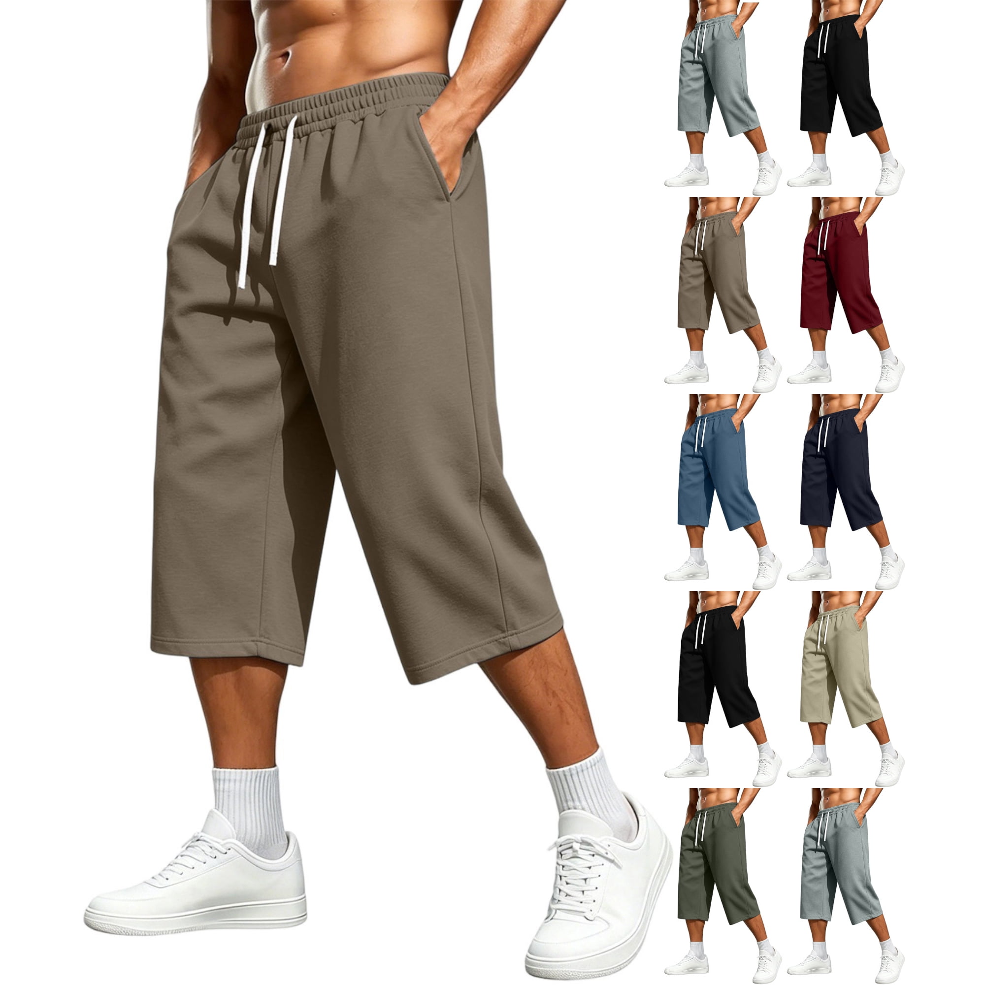 Men's Capri Pants Elastic Waist Solid Color Drawstring Pocket Sports Capri Pants Outdoor Gym Workout