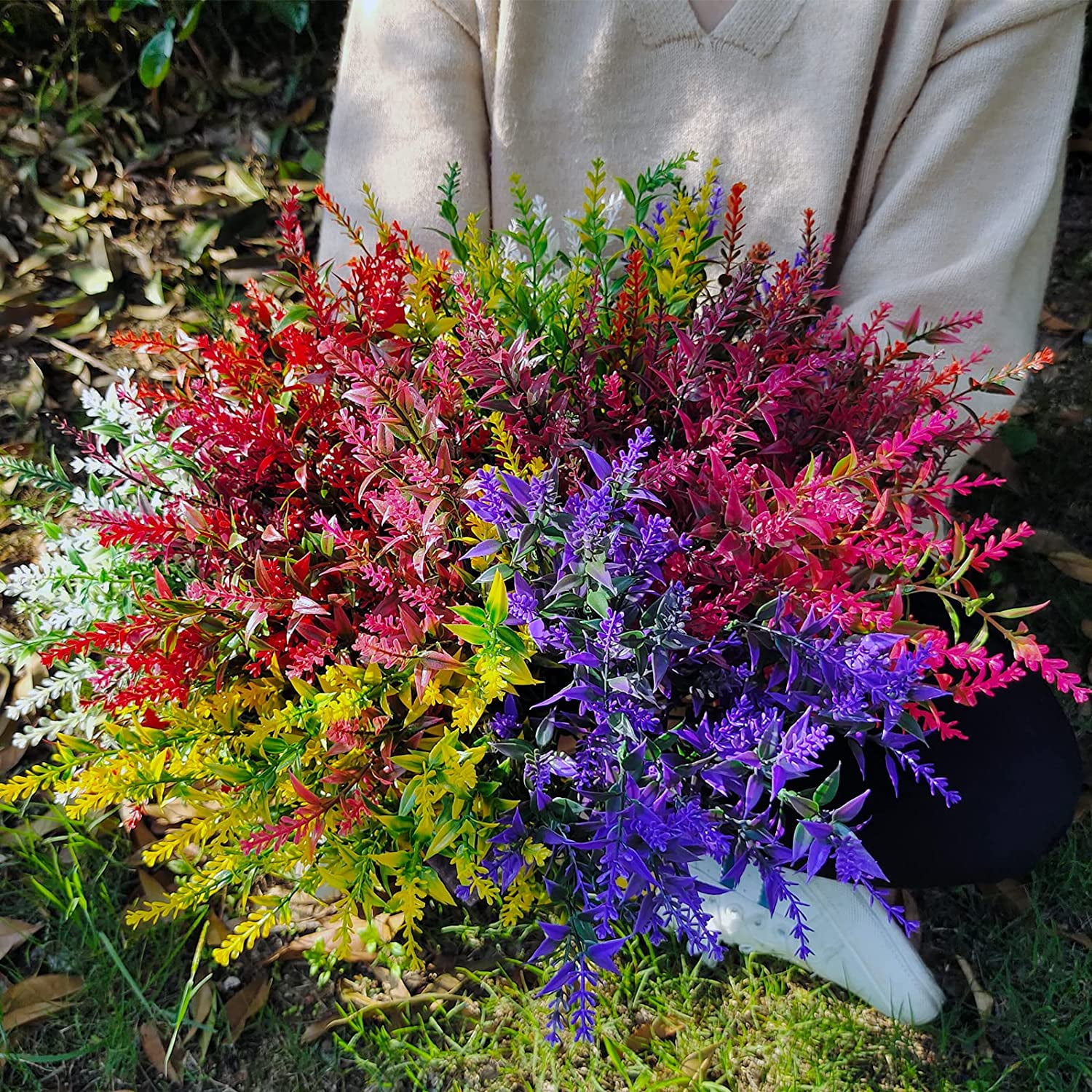Morttic 21 Bundles Faux Plants Outdoor Fake Flowers Artificial Flowers Fake Shrubs Greenery Bushes Bouquet UV Resistant Faux Bushes Plastic for Home Garden Decor (7 Colors)