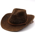 thumbnail image 4 of FUZHIQ Women's Crochet Straw Cowboy Hat, Wide Brim Woven Western Hat with Chin Cord, Summer Beach Hat for Travel, Outdoor Activities, 4 of 4