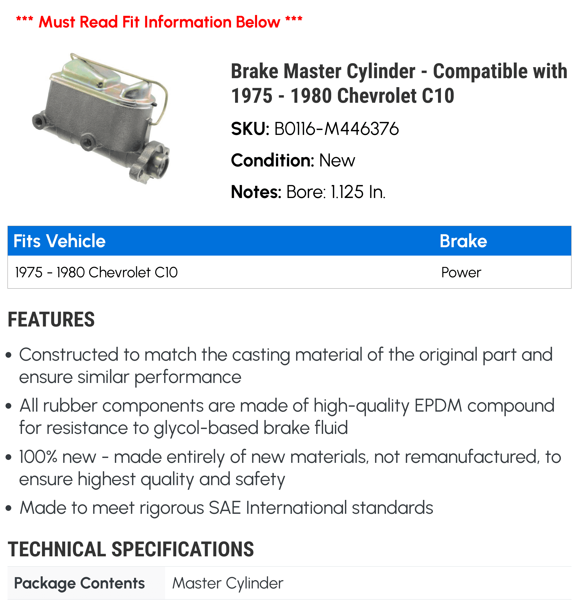 Brake Master Cylinder - Compatible with 1975 - 1980 Chevy C10 1976 1977 1978 1979