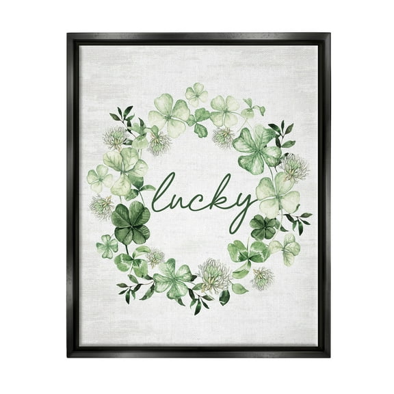 Stupell Industries Lucky Clover Wreath Botanical & Floral Painting Black Floater Framed Canvas Art Print Wall Art, 17 x 21