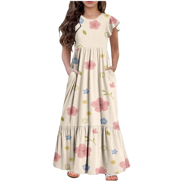 Yanlir Robe d'Été à Volants pour Filles 4-14 Ans, Robes Trapèze pour Enfants Sans Manches à Col Rond, Robe Soleil pour des Tenues Confortables et Stylées (Beige#5, 12 Ans)