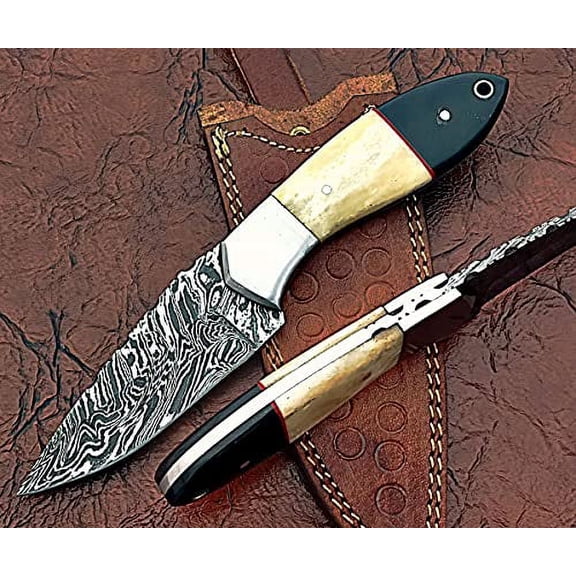 9" Long Drop Point Blade Skinning Knife, Hand Forged Fire Pattern Damascus Steel Full Tang Blade, Camel Bone and Bull Horn Scale with Steel Bolster, Cow Leather Sheath