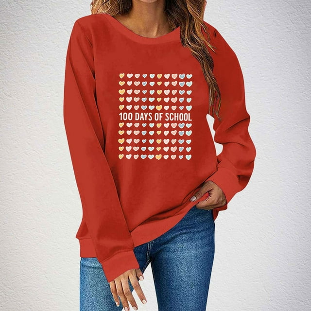 Uootdi 100 Days of School Long Sleeve Shirts for Women Womens Teacher Graphic Tops Happy 100 Days of School Sweatshirt Gift