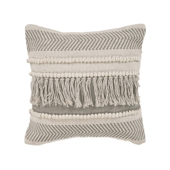 Laddha Home Designs Handwoven Chevron Striped Fringe Cotton Throw Pillow - 20" - Cream and Gray -