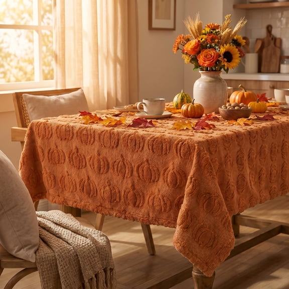 Sm:)e 60x84 Inch Fall Tablecloth, Soft Cozy Faux Fur 3D Embroidered Pumpkin