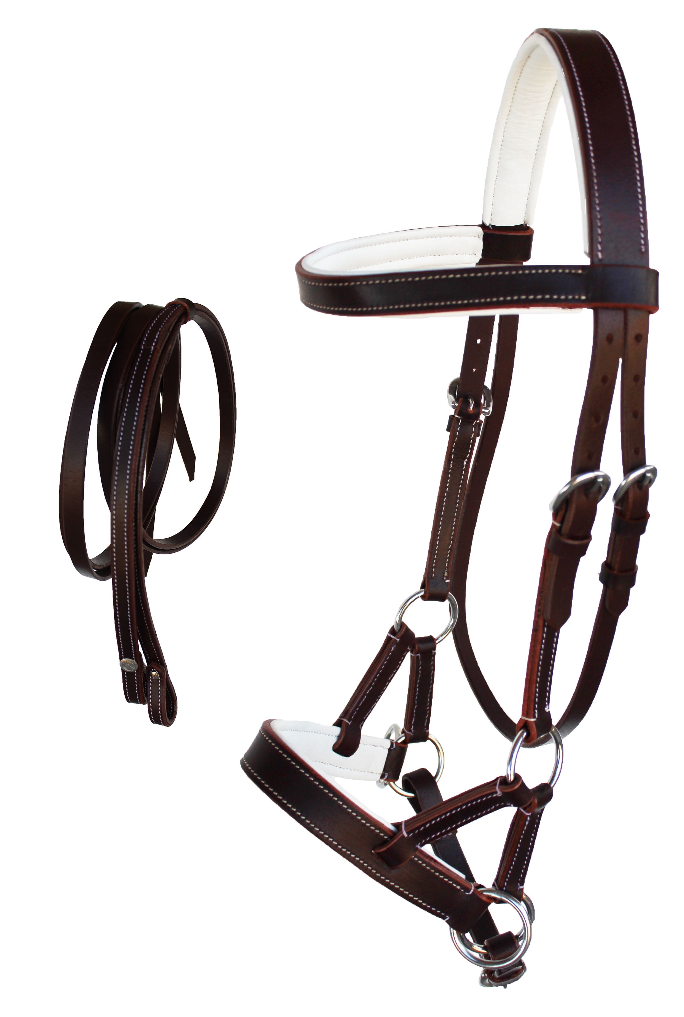 WESTERN HORSE LEATHER BITLESS SIDEPULL BRIDLE REINS FULL CHESTNUT WHITE
