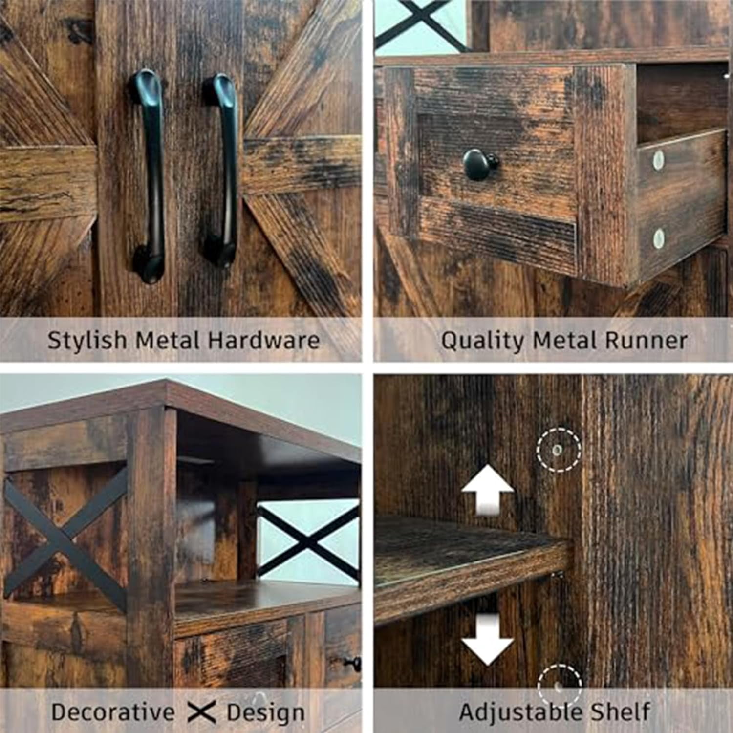 Rustic Brown Farmhouse Storage Cabinet with Barn Doors and Shelves, Freestanding Kitchen Pantry Storage Cabinet, Coffee Bar Station, Hutch Cupboard for Kitchen, Dining Room, Livingroom