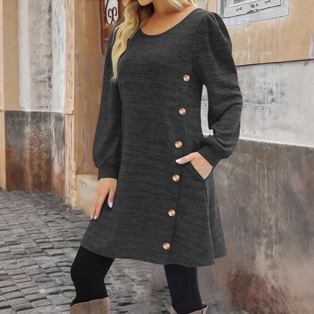 TaTaai Women's Long Sleeve Dress with Pockets Round Neck Button Front Casual Loose Fit A Line Midi Dress Soft Comfortable Solid Color for Spring Fall Daily Gift