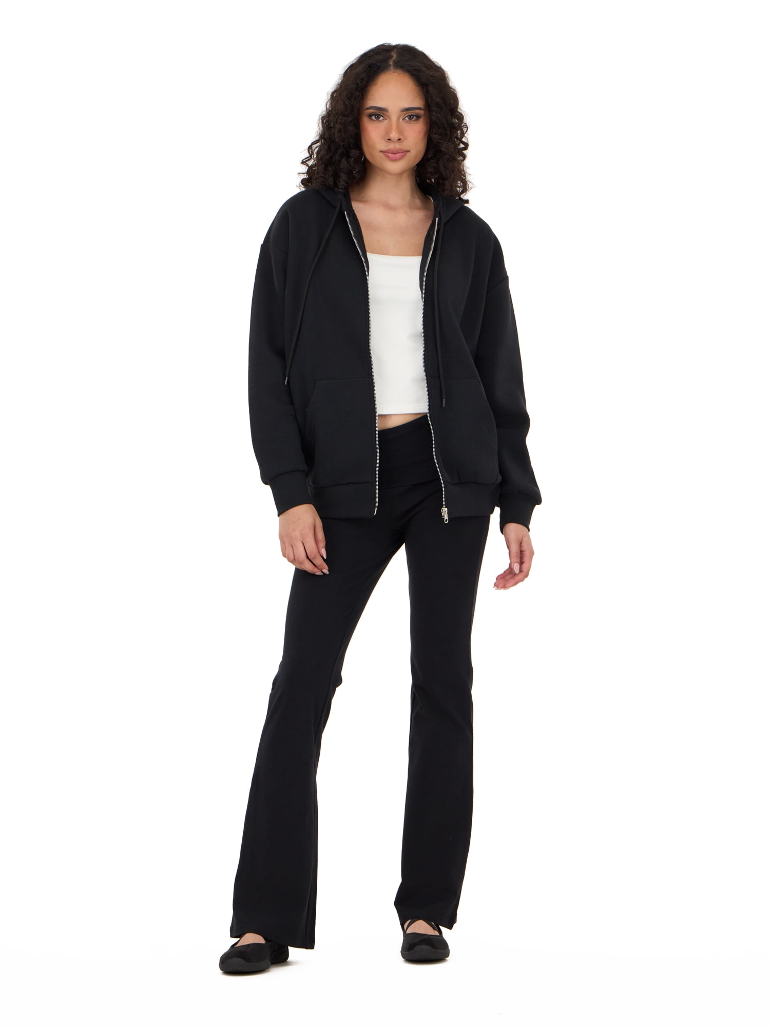 Forever 21 Women's Fleece Zip Up Hoodie with Front and Back Graphic Detail, Relaxed Fit Sweatshirt Jacket, Casual Everyday Layering Style, Black, XXS-4X