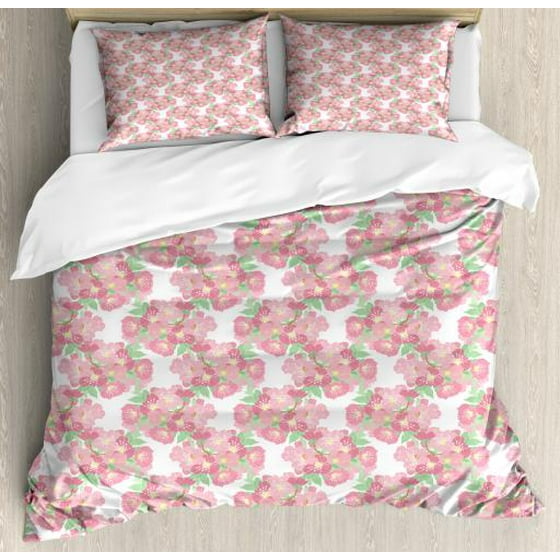 Cherry Blossom Queen Size Duvet Cover Set Symbolic Japanese Tree Burst Out Into In Spring Decorative 3 Piece Bedding With 2 Pillow