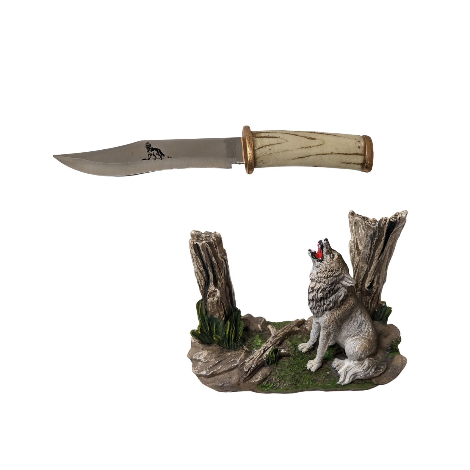 Decorative Hunting Blade Knife with Wolf Display Stand