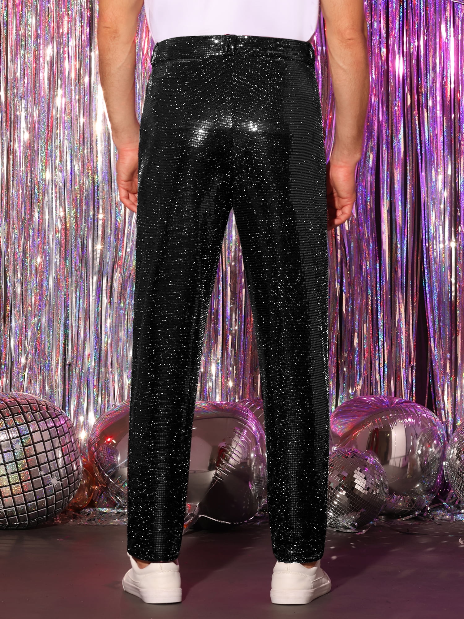 DARING DIVA Men's Sequins Pants Shiny Sparkly Straight Leg Trousers 34 Black
