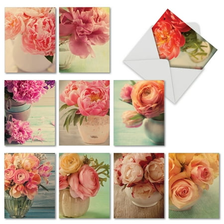 'M6553TYG M6553TYG Full Blooms' 10 Assorted Thank You Note Cards Featuring Nostalgic and Softly Hued Peonies and Roses Set in Varied Vases with Envelopes by The Best Card