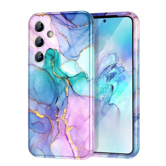 CASEFIV for Samsung Galaxy 24 Case (2024),Marble Pattern 3 in 1 Heavy Duty Full Body Shockproof Hard PC Soft Silicone Drop Protective Women Girls Cover,Blue Pink