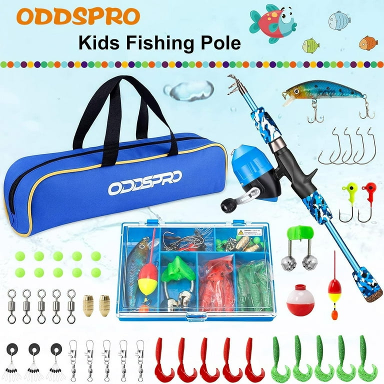 ODDSPRO Kids Fishing Pole, Portable Telescopic Fishing Rod and Reel Combo Kit - with Spincast Fishing Reel Tackle Box for Boys, Girls, Youth, Blue