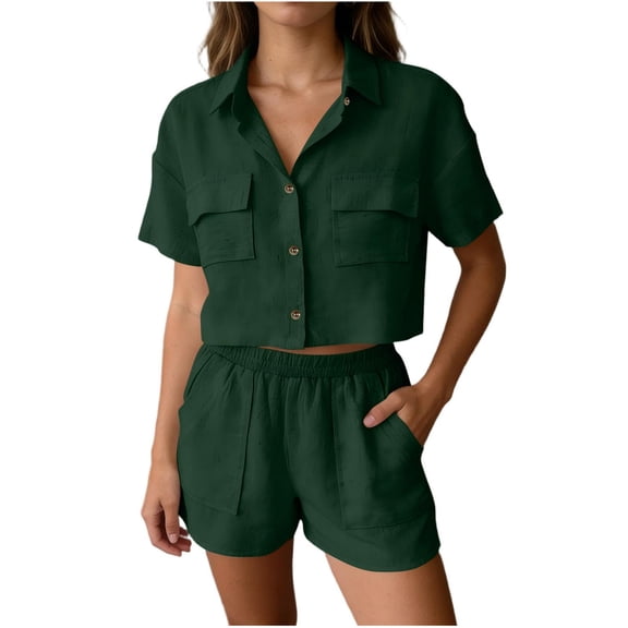 OGLCCG 2 Piece Summer Outfits for Women Cotton Linen Button Down Short Sleeve Shirt Top and Shorts Casual Travel Lounge Sets with Pockets,S,Green