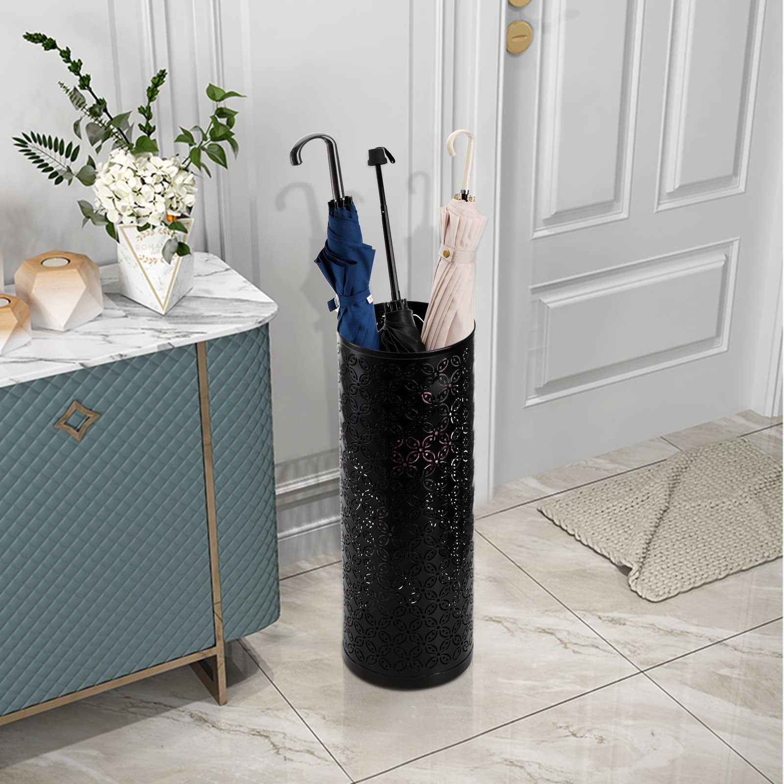 Metal Round Umbrella Stand Rack  Free Standing Holder Bin Canes Walking Sticks For Entryway Home Office Black