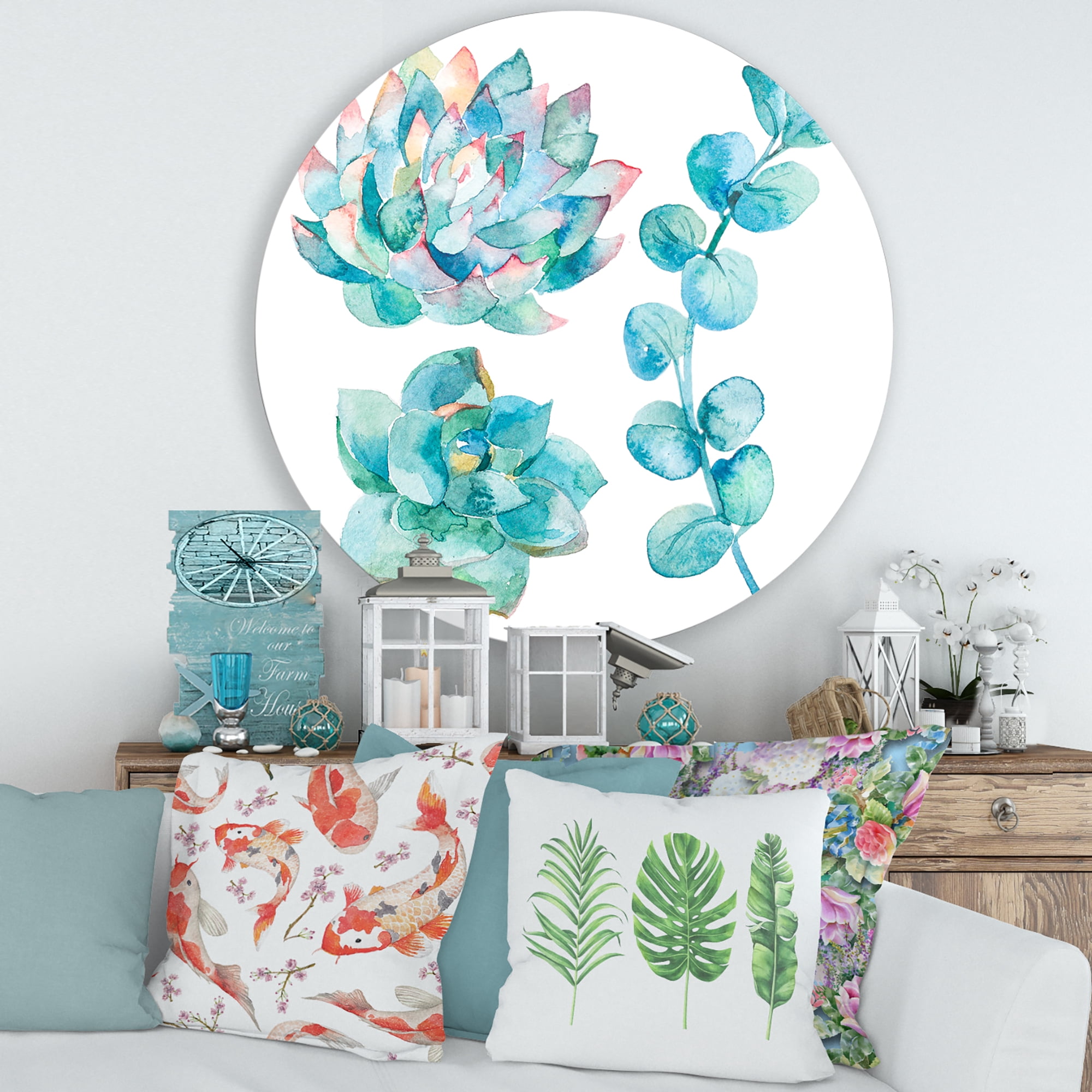 Designart 'Succulents and Eucalyptus Leaves' Traditional Circle Metal Wall Art 29x29 - Disc of 29