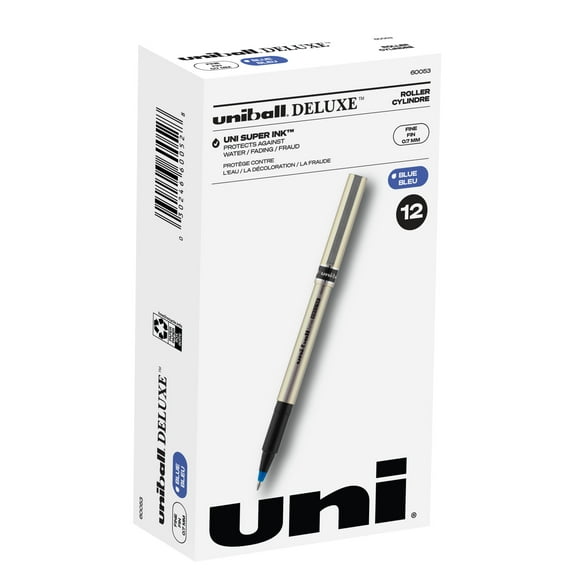 uniball Deluxe Rollerball Pens, Fine Point (0.7mm), Blue Ink, 12 Count