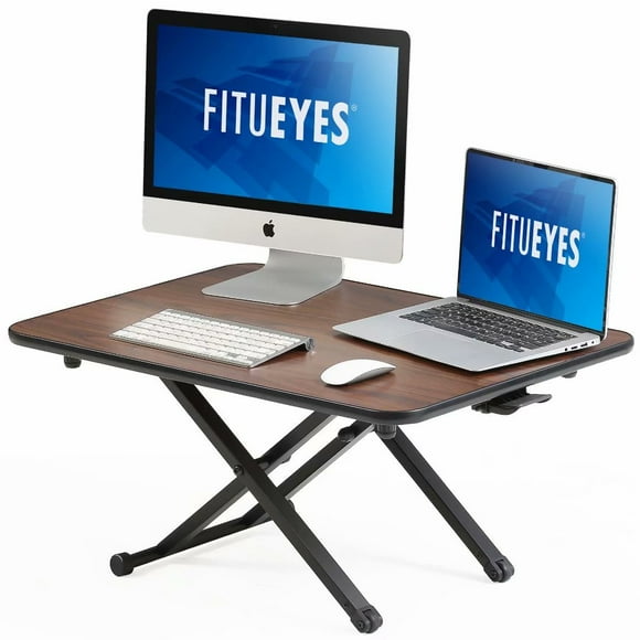 FITUEYES Adjustable Sit to Stand Desk for Dual Monitor Gas Spring Riser Laptop Desk Converter, Brown